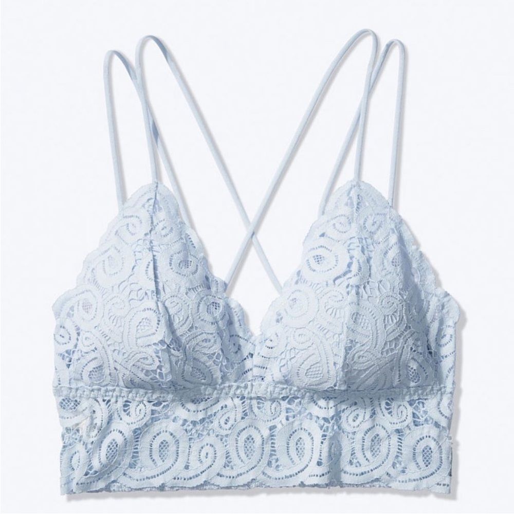 VS PINK Smocked Crochet Triangle Bralette Crop Pale Blue size XL